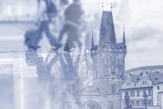 Abstract image of people walking in the airport with  Charles Bridge in Prague as double exposure background. It can be used as background of travel to Prague.