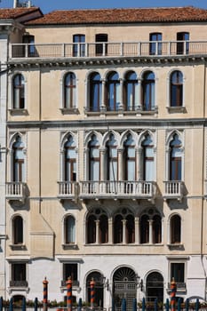 Venice, Italy - September 5, 2022: Palaces and beautiful houses along the Grand Canal in the San Marco district of Venice