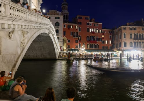Venice, Italy - September 4, 2022: The Grand Canal near the Rialto Bridge at night