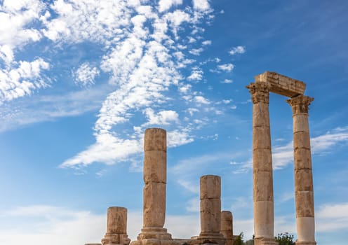 The uncompleted Roman Temple of Hercules with blue sky in the byckground at the Amman Citadel. Jordan.