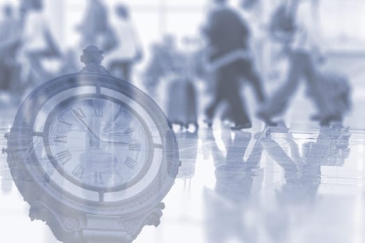 Abstract image of people walking in the airport with  clock as double exposure background. It can be used as background of travel.concept.