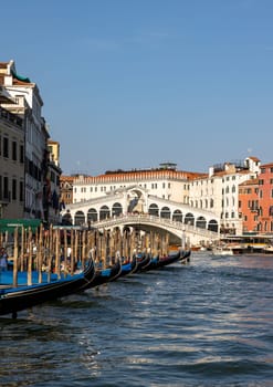 Venice, Italy - Semtember 6 2022: Rialto Bridge and Grand Canal in Venice