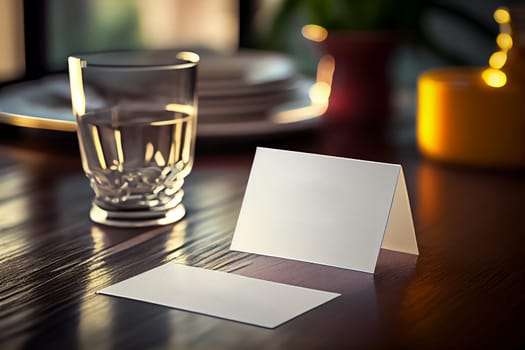 Blank paper table card on wooden table over bar blurry background