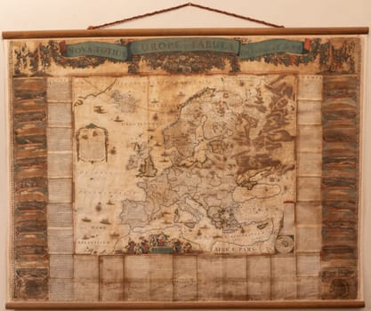 Genova, Italy - 8 August 2023: Spinola Palace. Authentic antique map shows the Europe known to Europeans in the mid 17-th Century. Exploration, geography, vintage background