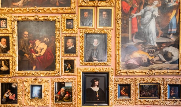Isola Bella, Italy - 1 August 2023: Borromeo's villa interior with paintings collection, nobody