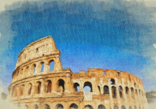 Rome, Italy - Colosseum on blue sky - Creative illustration, vintage impressionistic design