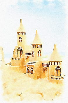 Creative illustration of sendcastles on a sunny beach with blue sky. Concept of leisure, holiday, vintage nostalgia memory