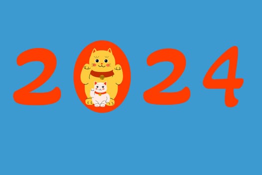 2024 new year card greeting celebration design with cat maneki neco. Vector illustration usable for oriental banner, template.