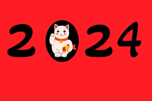maneki neko 2024 card design usable for banner. Vector illustration as symbol luck and success. Japan cat on red background.