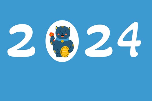 new year 2024 card design with luck sign - maneki neko cat. Vector illustration usable for new year banner.