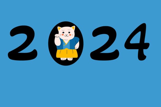 2024 year card design with cat as symbol - luck. Vector illustration usable for cartoon new year background with animal character - maneki neko.