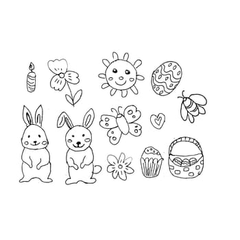 Happy Easter doodle set isolated. Vector illustration with butterfly, bunny and other holiday icons. Can used for wrapping paper, greeting card.