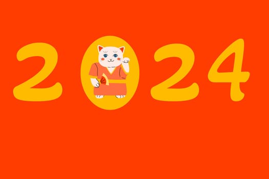 Modern greeting card with cartoon maneki neko cat. Vector illustration usable for new year banner.