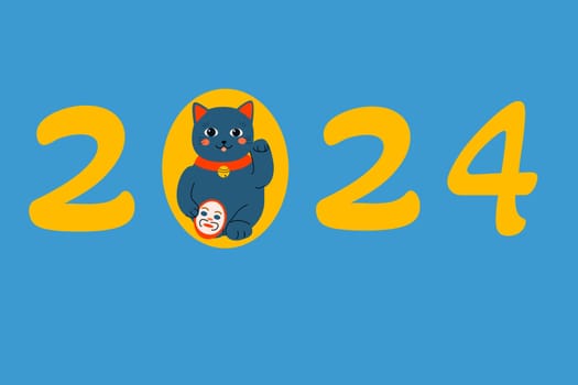 2024 year card with maneki neco cat. Vector illustration usable for celebration banner or postcard.