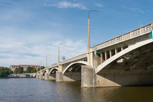 the Jirasek Bridge, Jiraskuv Most, as a connecting bridge between the Prague districts of Nove Mesto and Smichov