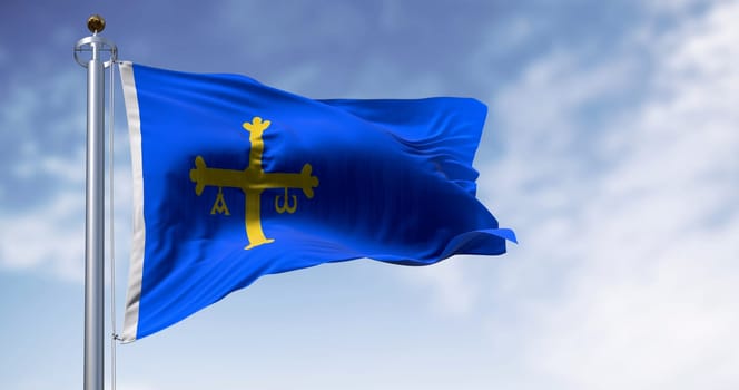The Asturias flag waving in the wind on a clear day. Autonomous community in northern Spain. Blue with golden victory cross shifted towards the hoist side. 3d illustration render. Rippling fabric