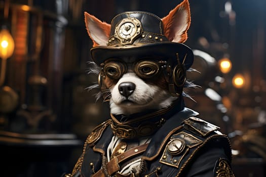 The dog character wears a hat and goggles in steampunk-era costume featuring steam-powered machinery and Victorian architecture. It's an imaginary picture for fun and an inspiration for doing things.