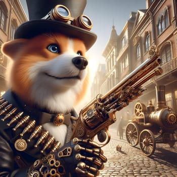 Dog character holds a revolver decorated with gear in a steampunk era city with steam-powered machinery and Victorian architecture. It's an imaginary picture for fun and inspiration to do more things.