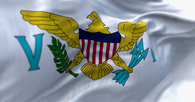 Close-up of United States Virgin Islands flag waving. The Virgin Islands of the US, are an unincorporated and organized territory of the US. 3d illustration render. Textured fabric background