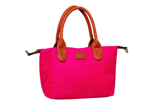 Stylish women's handbag. A fashionable female red luxury handbag with brown leather handles isolated on white. Clipping path. Fashionable womans accessories. Advertising.