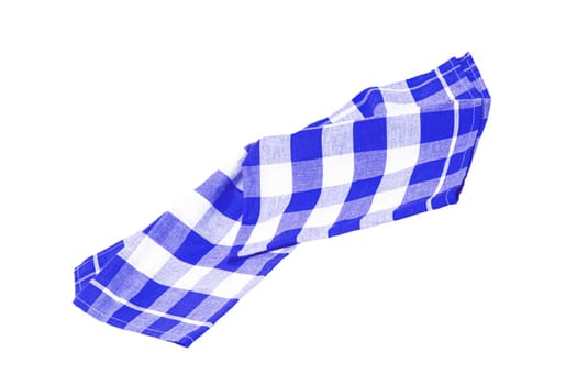 Closeup of a blue and white checkered napkin or tablecloth texture isolated on white background. Clipping path. Kitchen accessories. Top view.