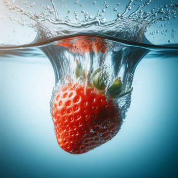 A high-resolution image of a red strawberry splashing into blue water