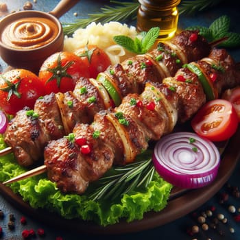This is a photo of a plate of grilled meat skewers with vegetables and sauces on a blue background. The skewers are made of beef, pork, chicken, and lamb