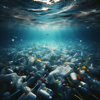 This is an image of plastic pollution in the ocean. The image shows a large amount of plastic bottles and other debris floating in the water with fish swimming around them