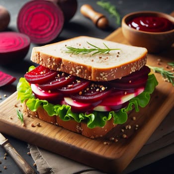 This is a photo of a sandwich with beetroot, lettuce, and sesame seeds on a wooden cutting board with a bowl of sauce and a pepper grinder in the background