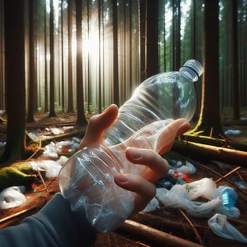 A hand holds a plastic bottle on the background of a forest with scattered garbage. The sun shines through the trees. The problem of forest pollution by people