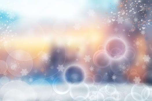 A festive abstract delicate Happy New Year or Christmas background texture with colorful gold yellow turquoise pink blurred bokeh lights and stars. Space for design. Card concept or advertising.