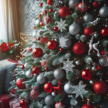A Christmas tree decorated with red and silver ornaments, with a window in the background. The tree is in a living room with presents under it