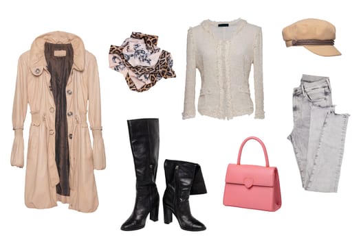Collage set of autumn and winter clothes isolated. Female woman apparel collection. Girls fashion clothing outfit. Coat, jeans, sweater, boots, cap, sneaker, scarf and bag.