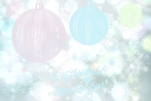Merry Christmas and Happy New Year card background texture design with abstract bokeh lighted stars and balls. Copy space.
