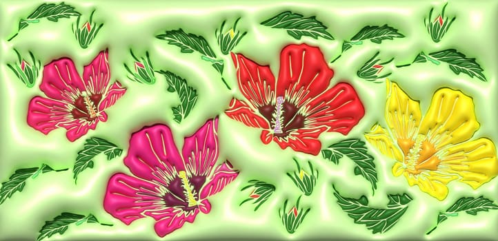 Blooming pink and yellow mallow, green leaves, 3D rendering illustration