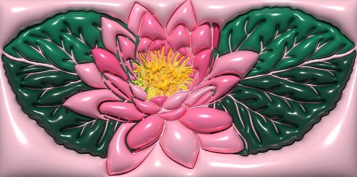 Pink lily and green leaves on a pink background, 3D rendering illustration