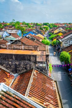 Hoi An, Vietnam, November 20, 2022: Aerial view of a shopping street in the town of Hoi An, Vietnam