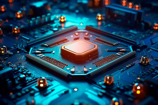Abstract hardware and software background.Close-up view of a modern GPU card with circuit and colorful lights. AI generated