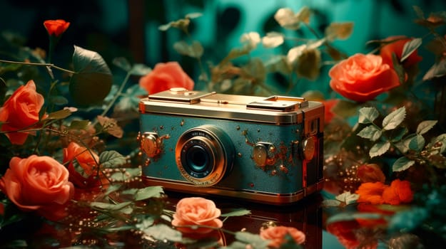 A retro camera with a wild plants and flowers. Nature photography is a very fulfilling and exciting hobby. AI generated