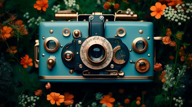 A retro camera with a wild plants and flowers. Nature photography is a very fulfilling and exciting hobby. AI generated