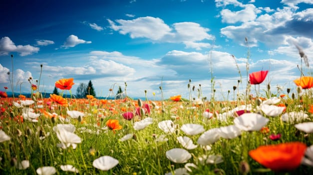 Beautiful natural panoramic countryside landscape. Blooming wild high grass in nature on warm summer. Pastoral scenery. AI generated