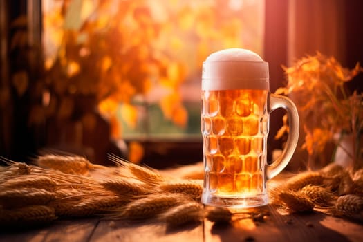 Mug of beer and wheat ears on a wooden background. AI generated