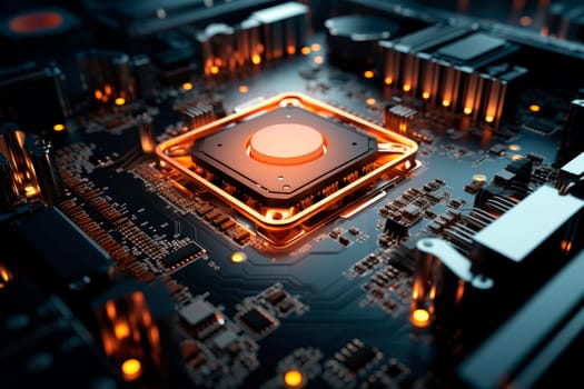 Close-up view of a modern GPU card with circuit and colorful lights. AI generated