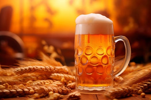 Beer With Wheat On Wooden Table. AI generated