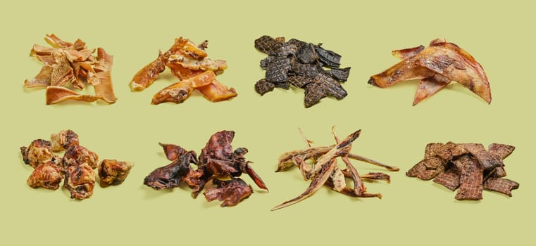 Different kinds of natural dried treats for rewarding and training dogs