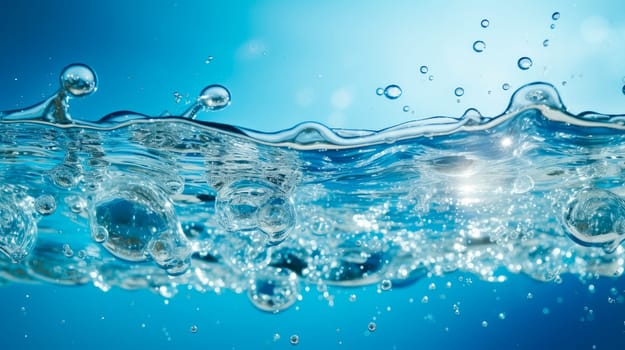 Water splashing with bubbles and spatter on a blue background. Abstract splash of a clear water on a blue background. AI generated