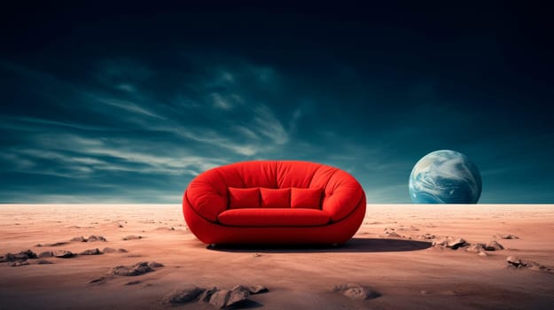 Empty red sofa on the surface of alien planet with a view of space. Concept for space exploration, space travel. AI generated