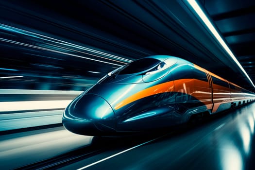 High speed train rides at high speed through a tunnel. Super streamlined train with motion blur moves in tunnel. AI generated