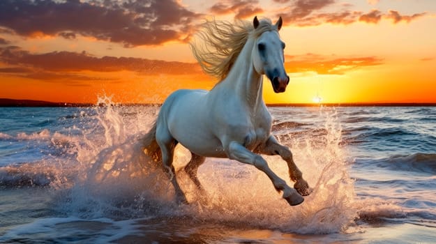 Beautiful wild white horse riding on hind legs on ocean beach at sunset. Running horse on water.  AI generated