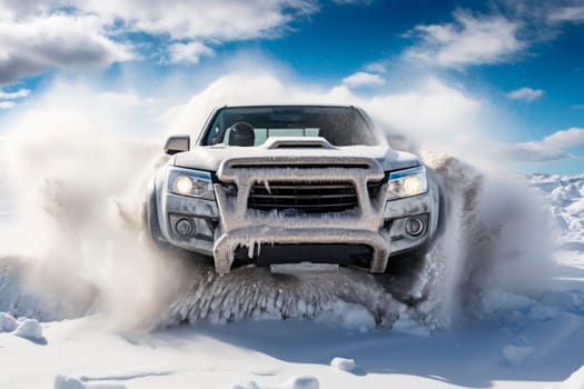 Drifting offroad car 4x4 in a snowdrifts, freeze motion of exploding snow powder into the air. Offroad race in a beautiful wild nature on winter. AI generated